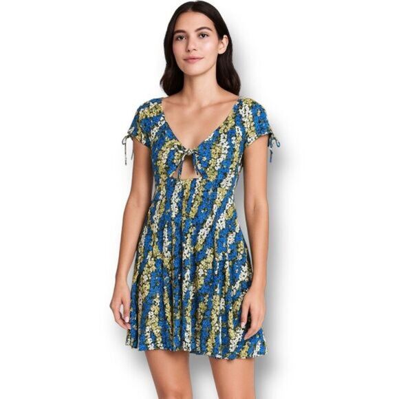 Free People L Miss Right Mini Dress Blue Green Floral Cutout Boho Festival Chic - Picture 1 of 8